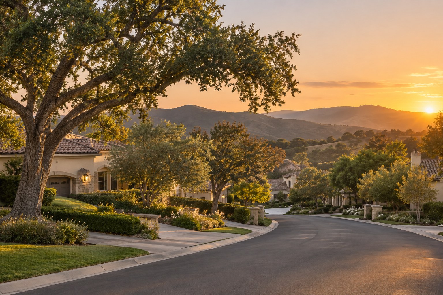 A Conejo Valley neighborhood street at golden hour, illustrative
