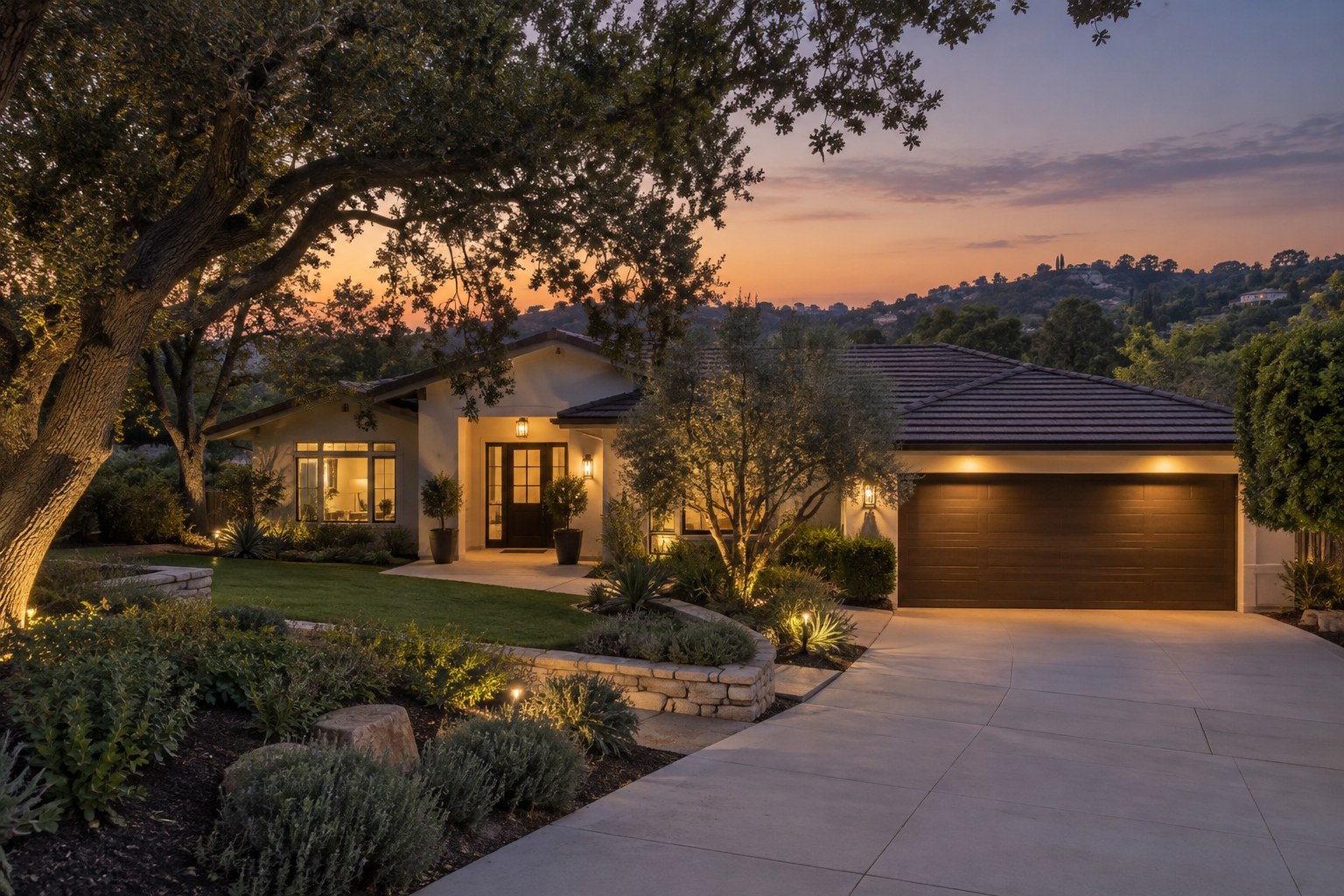 A Conejo Valley home exterior at dusk, illustrative